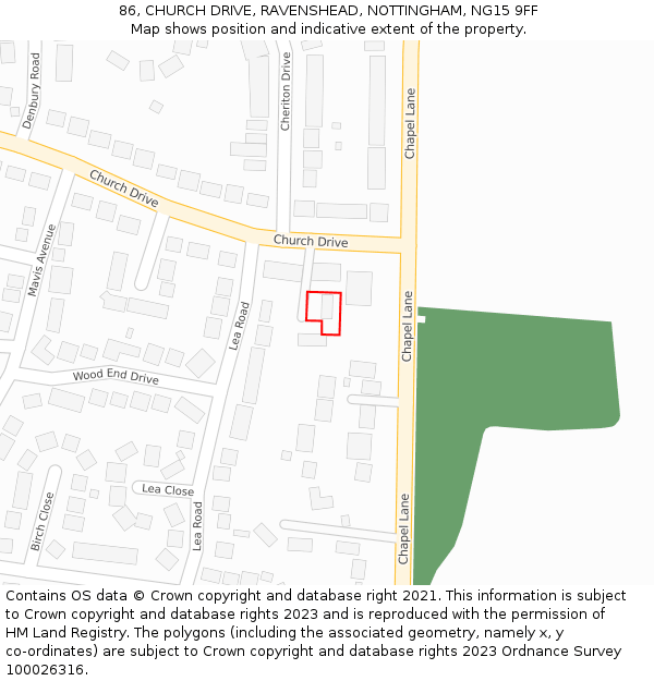 86, CHURCH DRIVE, RAVENSHEAD, NOTTINGHAM, NG15 9FF: Location map and indicative extent of plot