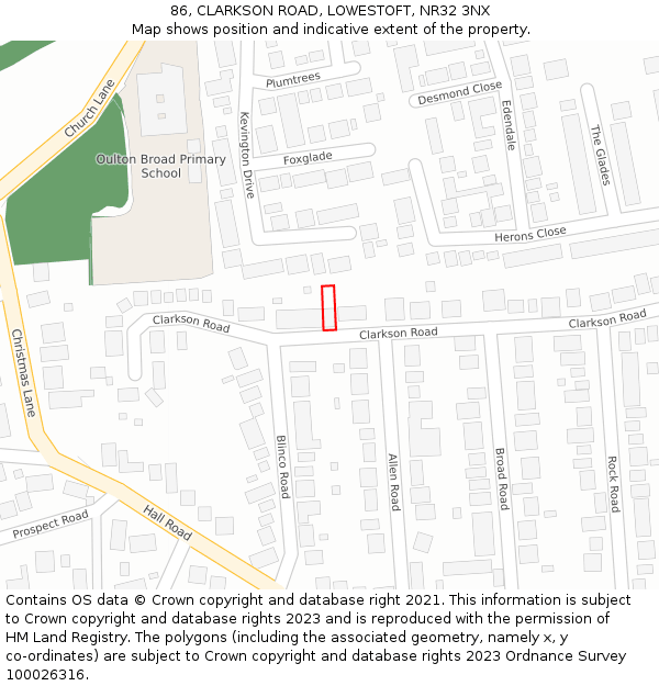 86, CLARKSON ROAD, LOWESTOFT, NR32 3NX: Location map and indicative extent of plot