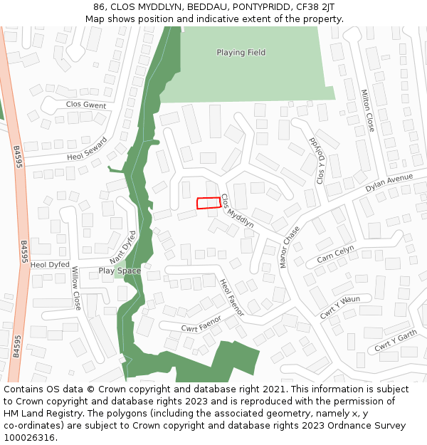 86, CLOS MYDDLYN, BEDDAU, PONTYPRIDD, CF38 2JT: Location map and indicative extent of plot