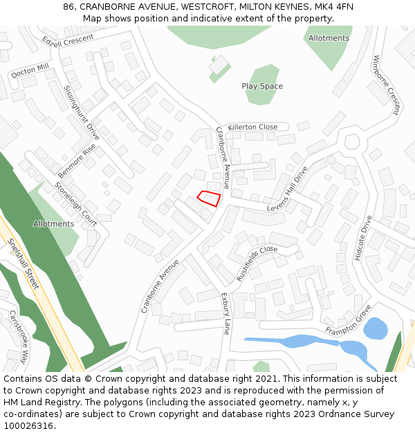 86, CRANBORNE AVENUE, WESTCROFT, MILTON KEYNES, MK4 4FN: Location map and indicative extent of plot