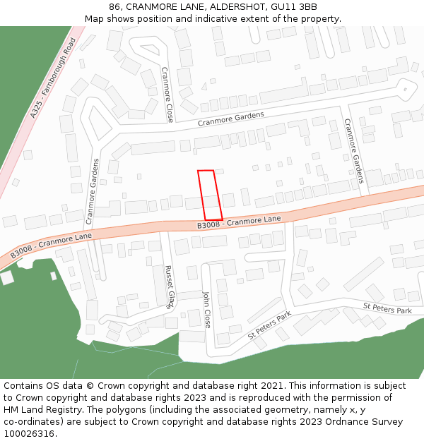 86, CRANMORE LANE, ALDERSHOT, GU11 3BB: Location map and indicative extent of plot