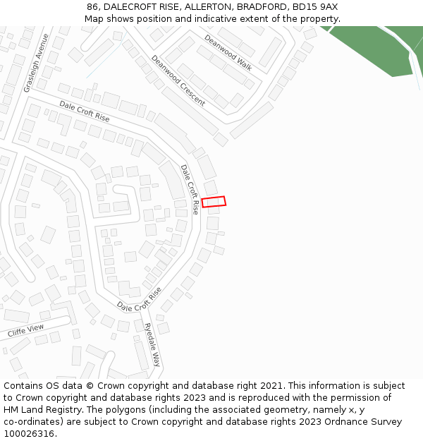 86, DALECROFT RISE, ALLERTON, BRADFORD, BD15 9AX: Location map and indicative extent of plot