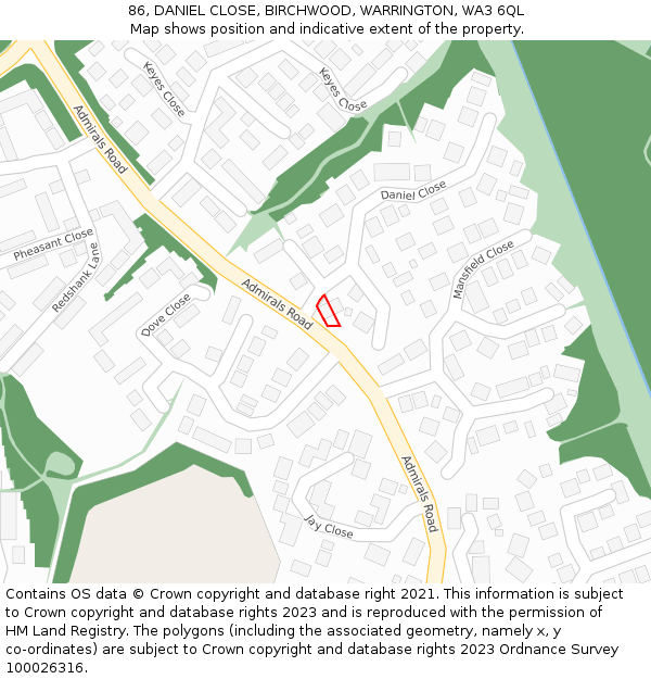 86, DANIEL CLOSE, BIRCHWOOD, WARRINGTON, WA3 6QL: Location map and indicative extent of plot