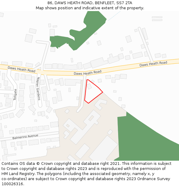 86, DAWS HEATH ROAD, BENFLEET, SS7 2TA: Location map and indicative extent of plot