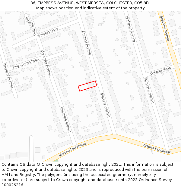 86, EMPRESS AVENUE, WEST MERSEA, COLCHESTER, CO5 8BL: Location map and indicative extent of plot