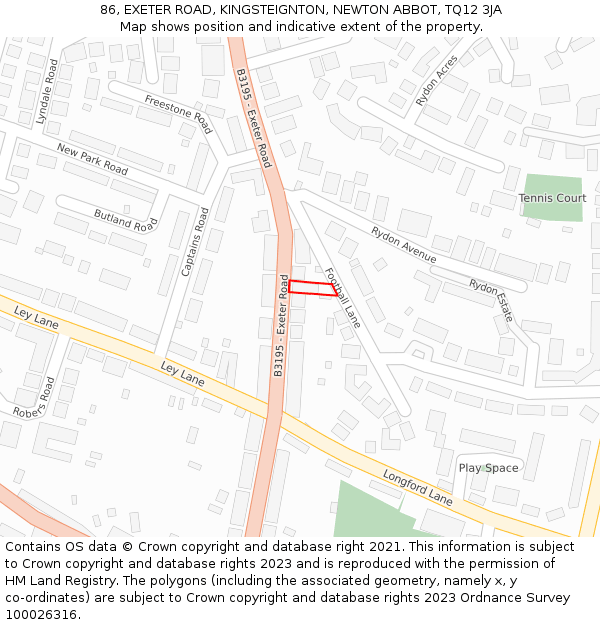 86, EXETER ROAD, KINGSTEIGNTON, NEWTON ABBOT, TQ12 3JA: Location map and indicative extent of plot