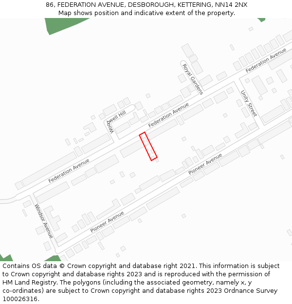 86, FEDERATION AVENUE, DESBOROUGH, KETTERING, NN14 2NX: Location map and indicative extent of plot