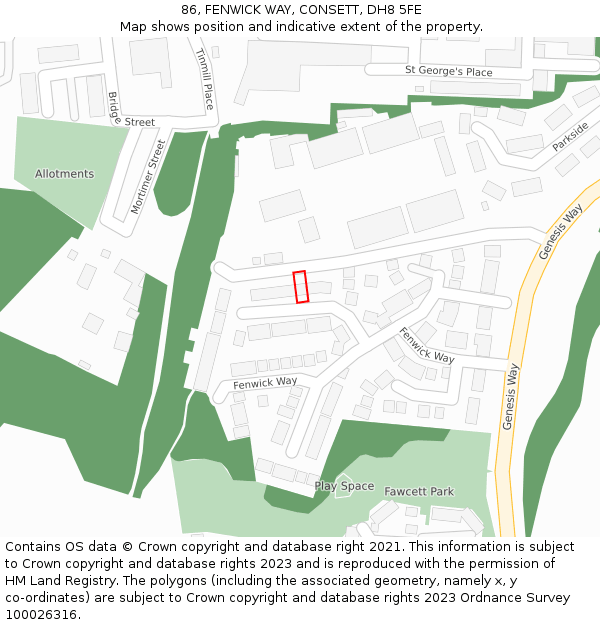 86, FENWICK WAY, CONSETT, DH8 5FE: Location map and indicative extent of plot