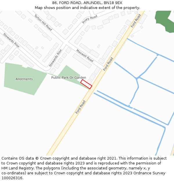 86, FORD ROAD, ARUNDEL, BN18 9EX: Location map and indicative extent of plot