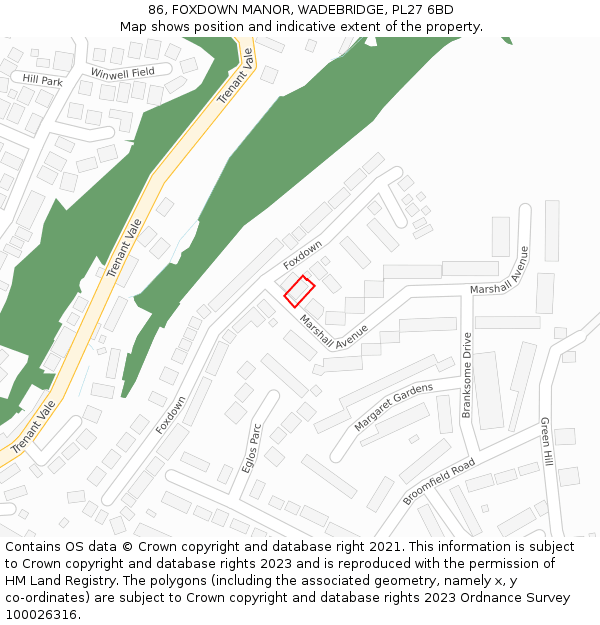 86, FOXDOWN MANOR, WADEBRIDGE, PL27 6BD: Location map and indicative extent of plot