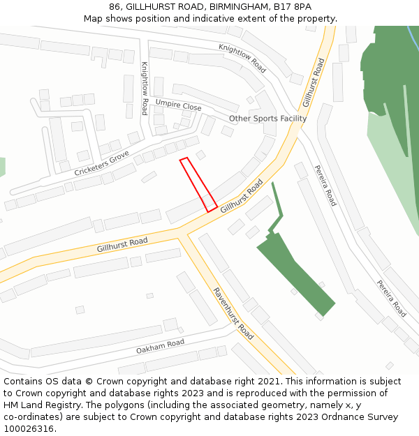 86, GILLHURST ROAD, BIRMINGHAM, B17 8PA: Location map and indicative extent of plot