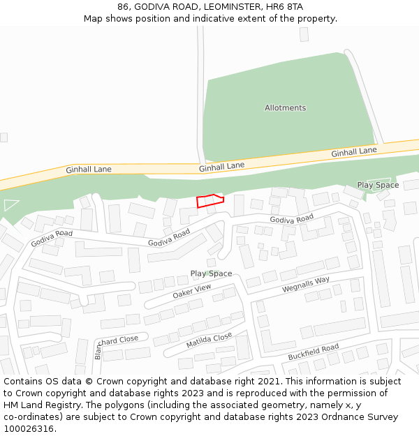 86, GODIVA ROAD, LEOMINSTER, HR6 8TA: Location map and indicative extent of plot