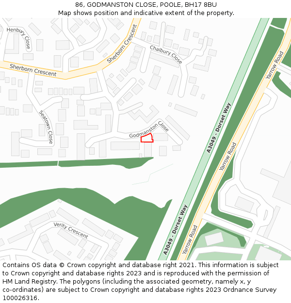 86, GODMANSTON CLOSE, POOLE, BH17 8BU: Location map and indicative extent of plot