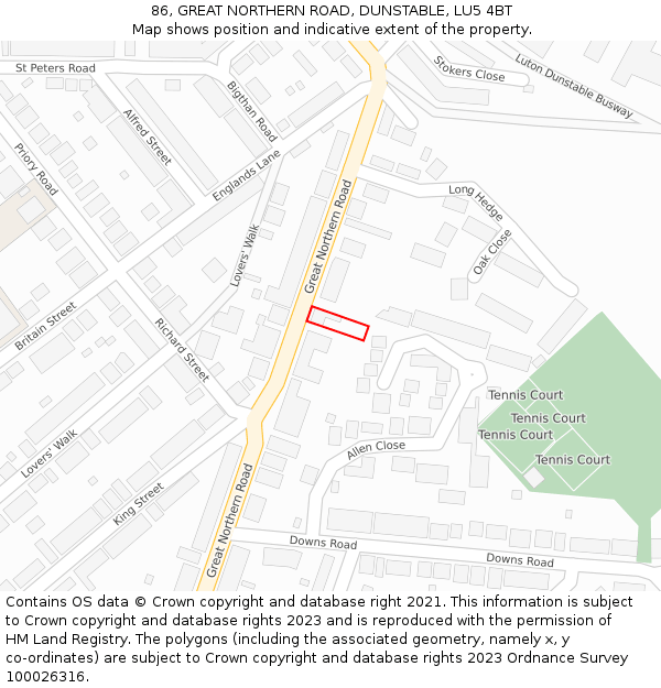 86, GREAT NORTHERN ROAD, DUNSTABLE, LU5 4BT: Location map and indicative extent of plot