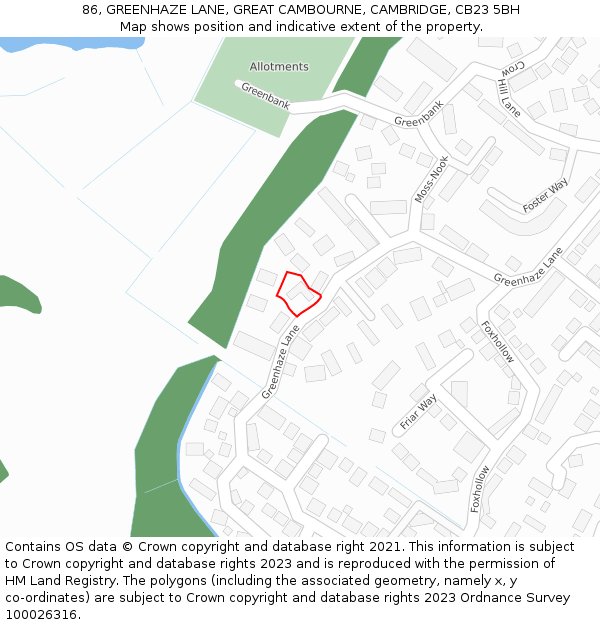 86, GREENHAZE LANE, GREAT CAMBOURNE, CAMBRIDGE, CB23 5BH: Location map and indicative extent of plot