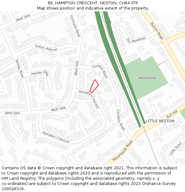 86, HAMPTON CRESCENT, NESTON, CH64 0TP: Location map and indicative extent of plot