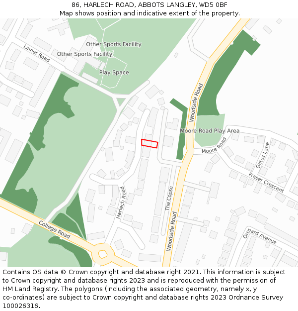 86, HARLECH ROAD, ABBOTS LANGLEY, WD5 0BF: Location map and indicative extent of plot