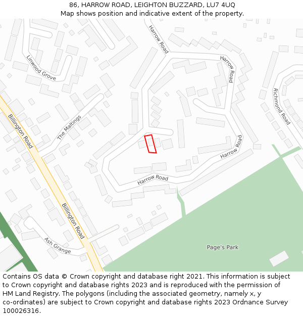 86, HARROW ROAD, LEIGHTON BUZZARD, LU7 4UQ: Location map and indicative extent of plot