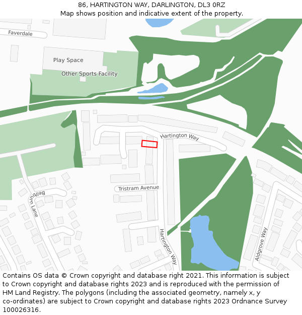 86, HARTINGTON WAY, DARLINGTON, DL3 0RZ: Location map and indicative extent of plot