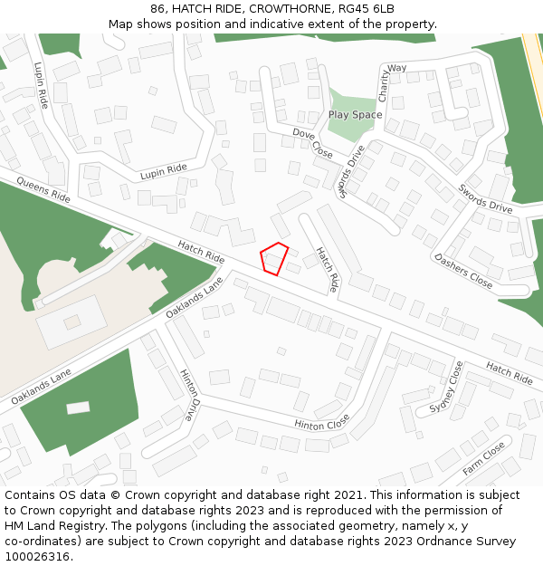 86, HATCH RIDE, CROWTHORNE, RG45 6LB: Location map and indicative extent of plot