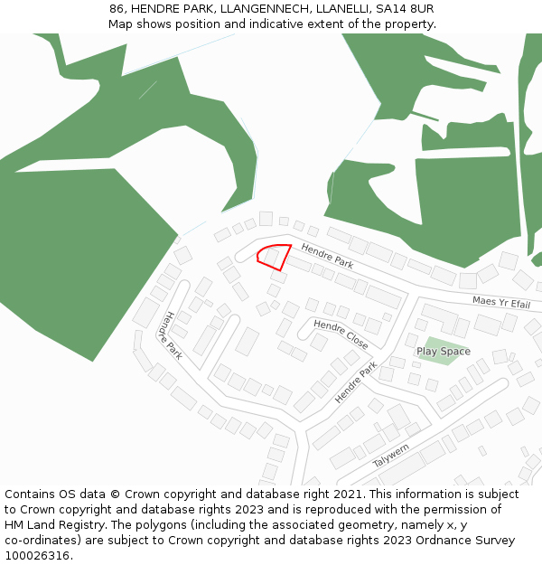 86, HENDRE PARK, LLANGENNECH, LLANELLI, SA14 8UR: Location map and indicative extent of plot