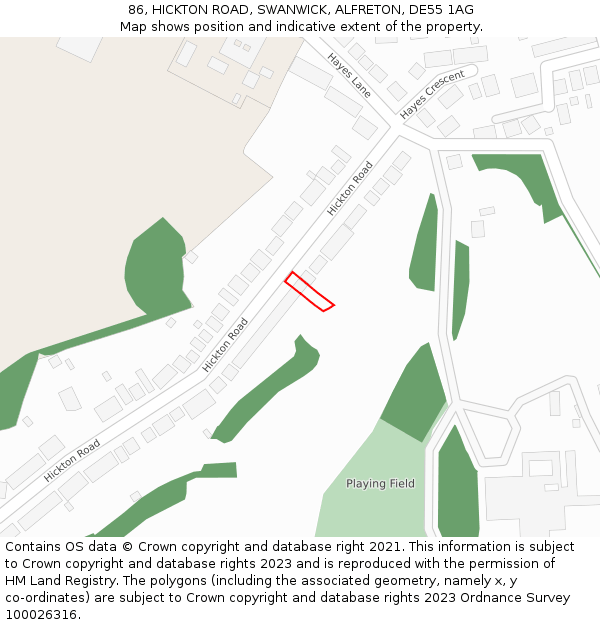 86, HICKTON ROAD, SWANWICK, ALFRETON, DE55 1AG: Location map and indicative extent of plot