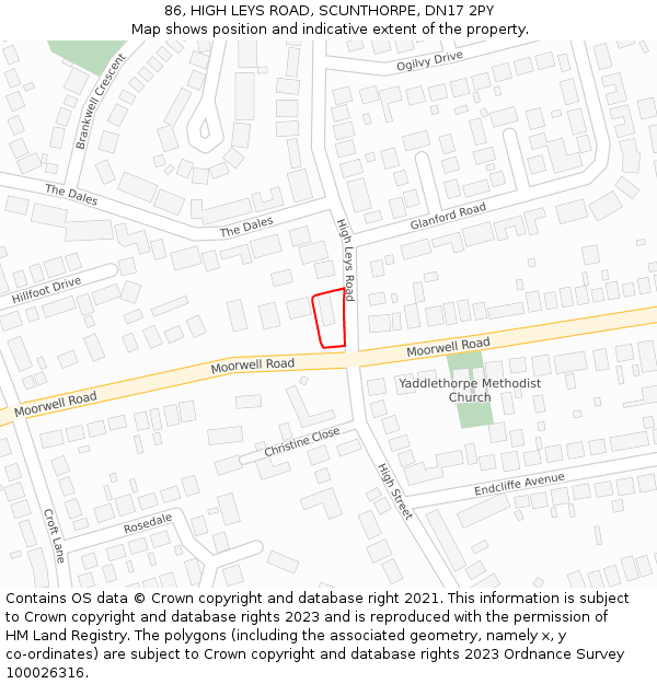 86, HIGH LEYS ROAD, SCUNTHORPE, DN17 2PY: Location map and indicative extent of plot
