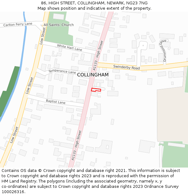 86, HIGH STREET, COLLINGHAM, NEWARK, NG23 7NG: Location map and indicative extent of plot