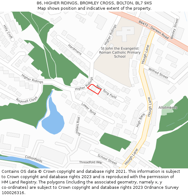 86, HIGHER RIDINGS, BROMLEY CROSS, BOLTON, BL7 9XS: Location map and indicative extent of plot