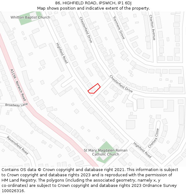 86, HIGHFIELD ROAD, IPSWICH, IP1 6DJ: Location map and indicative extent of plot