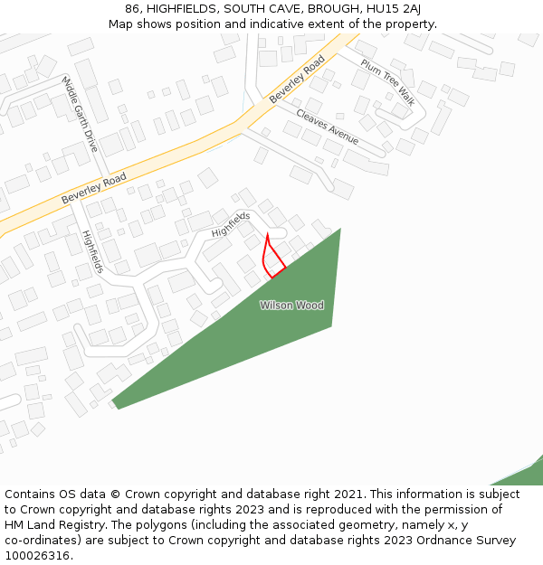 86, HIGHFIELDS, SOUTH CAVE, BROUGH, HU15 2AJ: Location map and indicative extent of plot