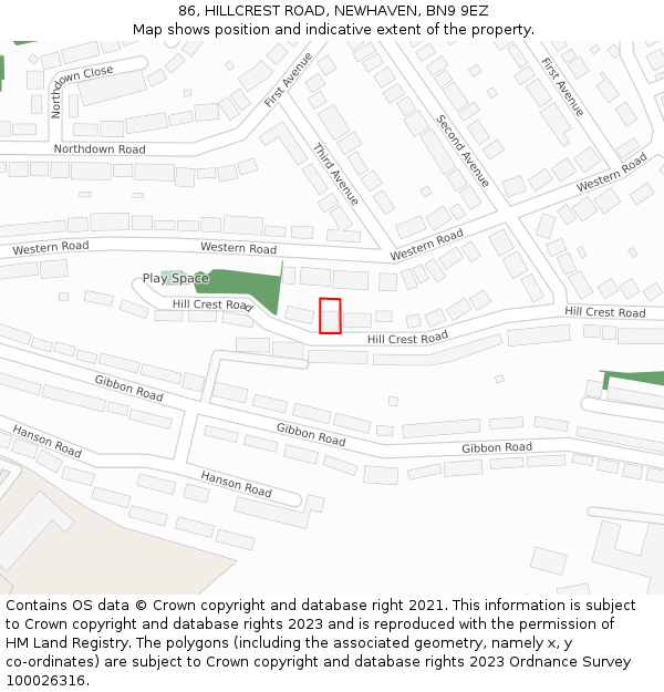 86, HILLCREST ROAD, NEWHAVEN, BN9 9EZ: Location map and indicative extent of plot