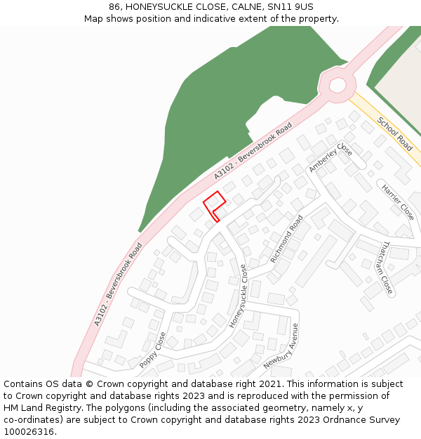 86, HONEYSUCKLE CLOSE, CALNE, SN11 9US: Location map and indicative extent of plot