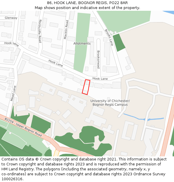 86, HOOK LANE, BOGNOR REGIS, PO22 8AR: Location map and indicative extent of plot