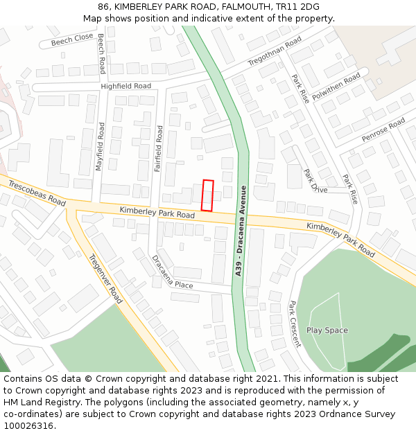 86, KIMBERLEY PARK ROAD, FALMOUTH, TR11 2DG: Location map and indicative extent of plot