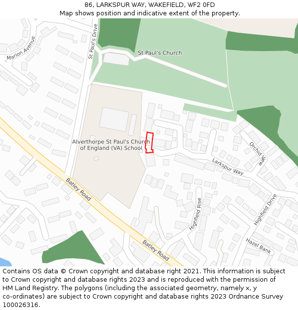 86, LARKSPUR WAY, WAKEFIELD, WF2 0FD: Location map and indicative extent of plot