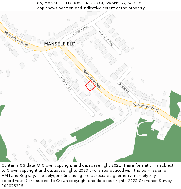 86, MANSELFIELD ROAD, MURTON, SWANSEA, SA3 3AG: Location map and indicative extent of plot