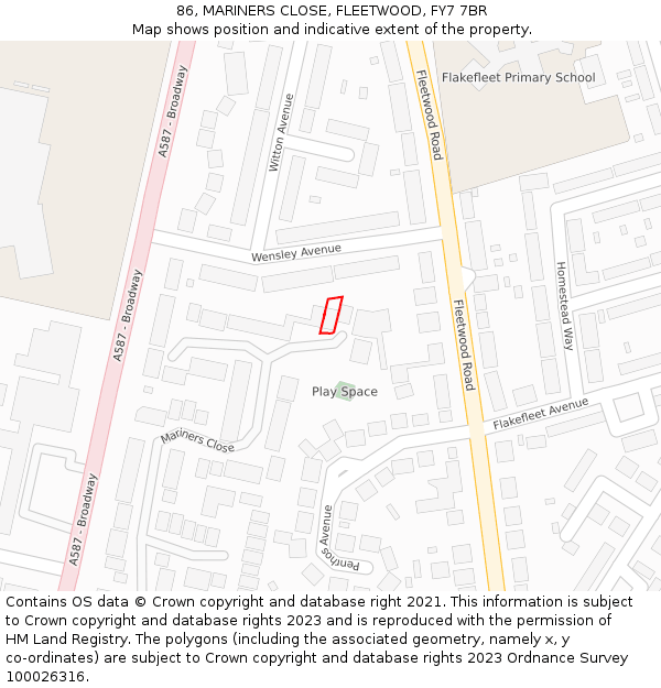 86, MARINERS CLOSE, FLEETWOOD, FY7 7BR: Location map and indicative extent of plot