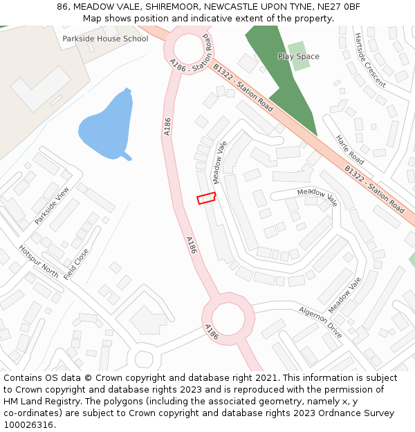 86, MEADOW VALE, SHIREMOOR, NEWCASTLE UPON TYNE, NE27 0BF: Location map and indicative extent of plot