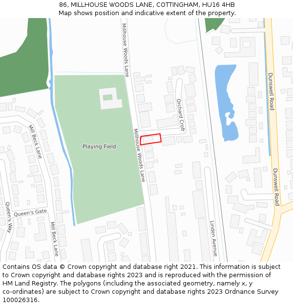 86, MILLHOUSE WOODS LANE, COTTINGHAM, HU16 4HB: Location map and indicative extent of plot