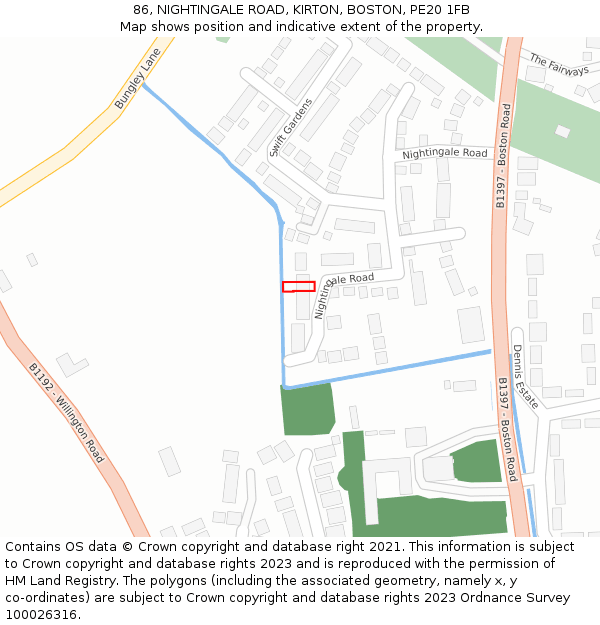 86, NIGHTINGALE ROAD, KIRTON, BOSTON, PE20 1FB: Location map and indicative extent of plot