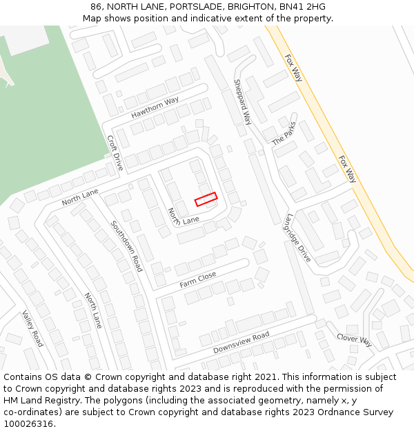 86, NORTH LANE, PORTSLADE, BRIGHTON, BN41 2HG: Location map and indicative extent of plot