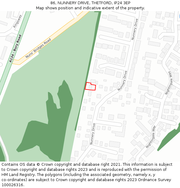 86, NUNNERY DRIVE, THETFORD, IP24 3EP: Location map and indicative extent of plot