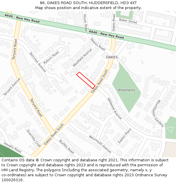 86, OAKES ROAD SOUTH, HUDDERSFIELD, HD3 4XT: Location map and indicative extent of plot