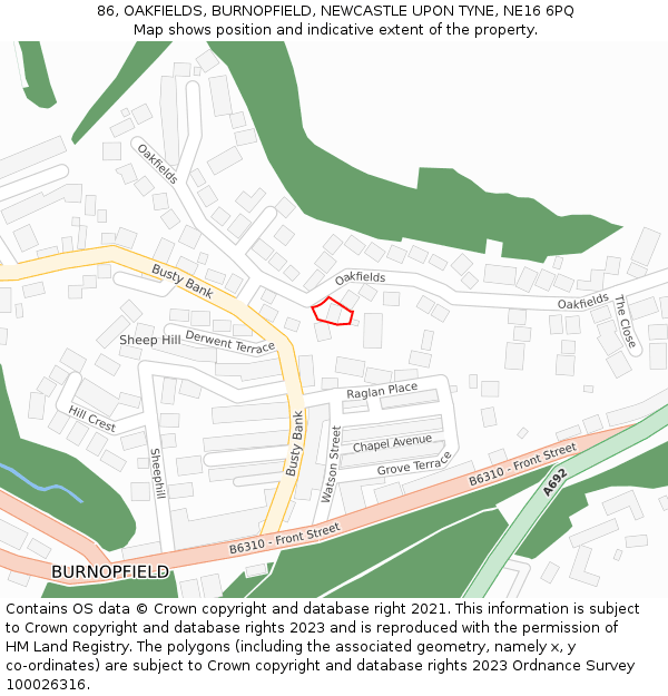 86, OAKFIELDS, BURNOPFIELD, NEWCASTLE UPON TYNE, NE16 6PQ: Location map and indicative extent of plot