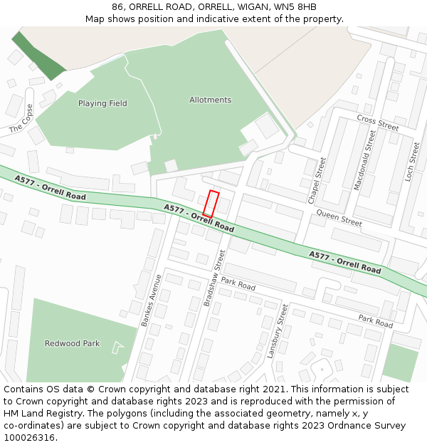 86, ORRELL ROAD, ORRELL, WIGAN, WN5 8HB: Location map and indicative extent of plot