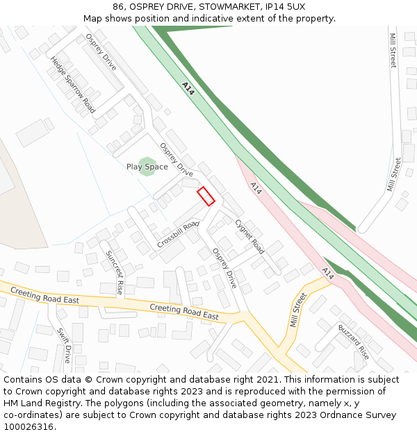 86, OSPREY DRIVE, STOWMARKET, IP14 5UX: Location map and indicative extent of plot