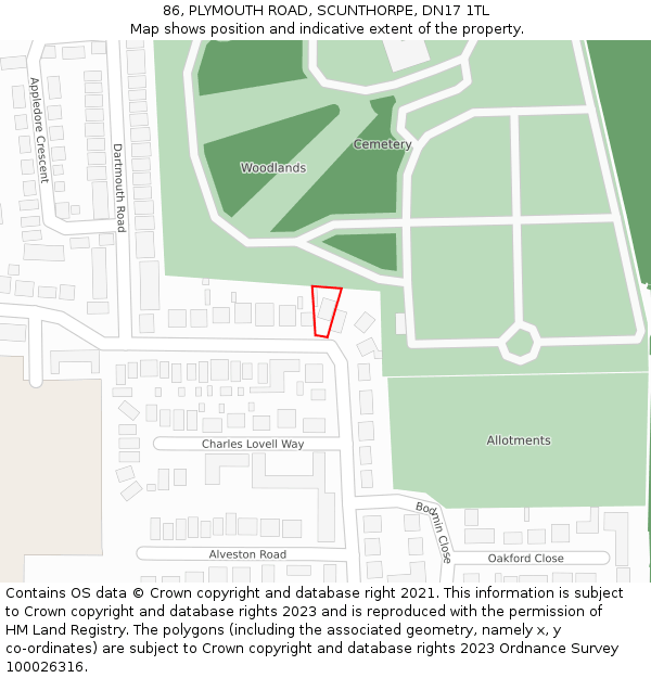 86, PLYMOUTH ROAD, SCUNTHORPE, DN17 1TL: Location map and indicative extent of plot