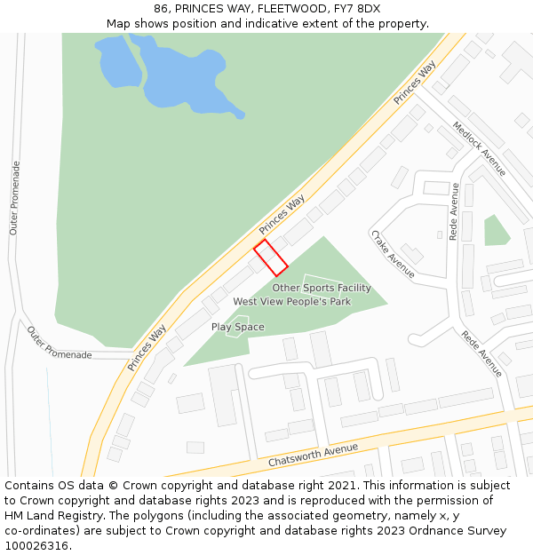 86, PRINCES WAY, FLEETWOOD, FY7 8DX: Location map and indicative extent of plot