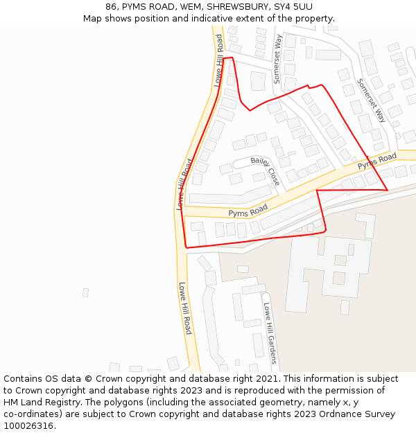 86, PYMS ROAD, WEM, SHREWSBURY, SY4 5UU: Location map and indicative extent of plot